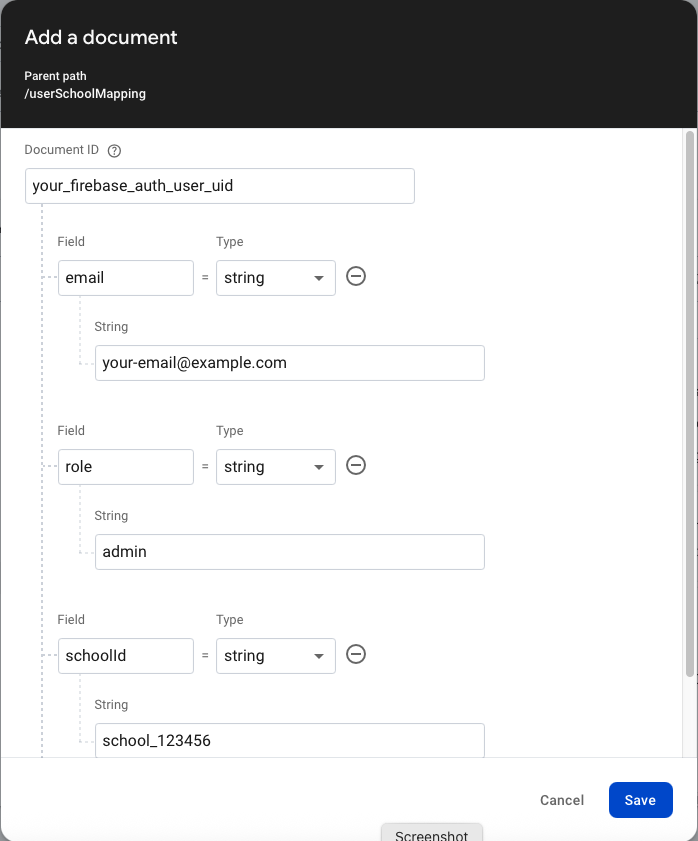 Add userSchoolMapping Document with Fields
