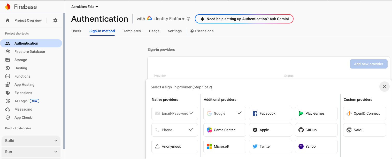 Firebase Authentication Sign-in Methods